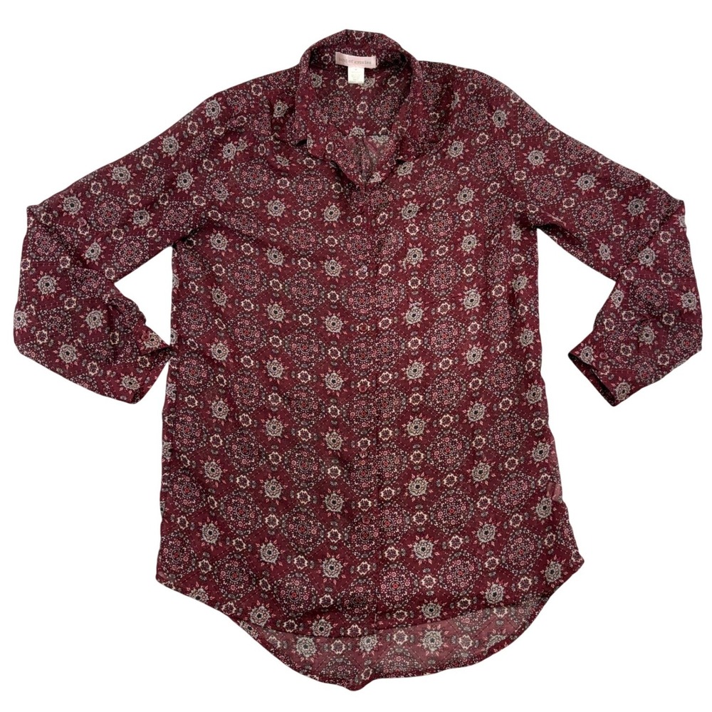 Band of Gypsies Burgundy Medallion Print Roll Tab High Low Blouse Medium